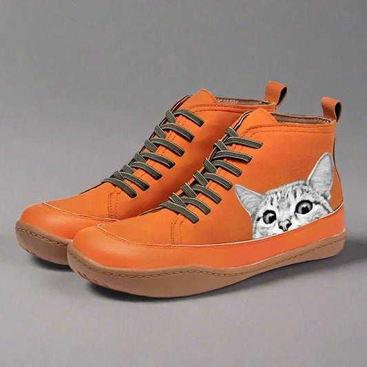 Amane | Women’s Orthopedic Lace-Up Boots with Stylish Cat Print