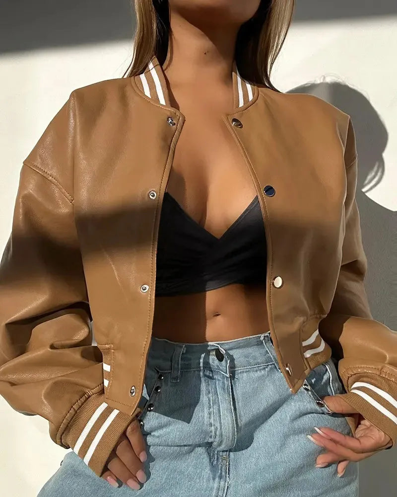 Elgiva | Women's Cropped Cotton Bomber Jacket with Snap Buttons