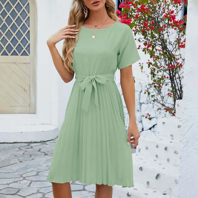Tahlira | Tie‑Waist Pleated Midi Dress – Everyday Elegance