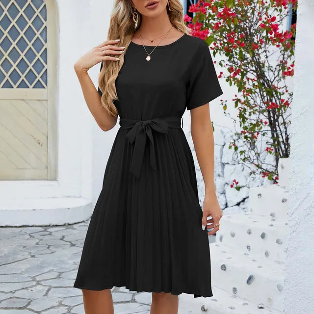 Tahlira | Tie‑Waist Pleated Midi Dress – Everyday Elegance