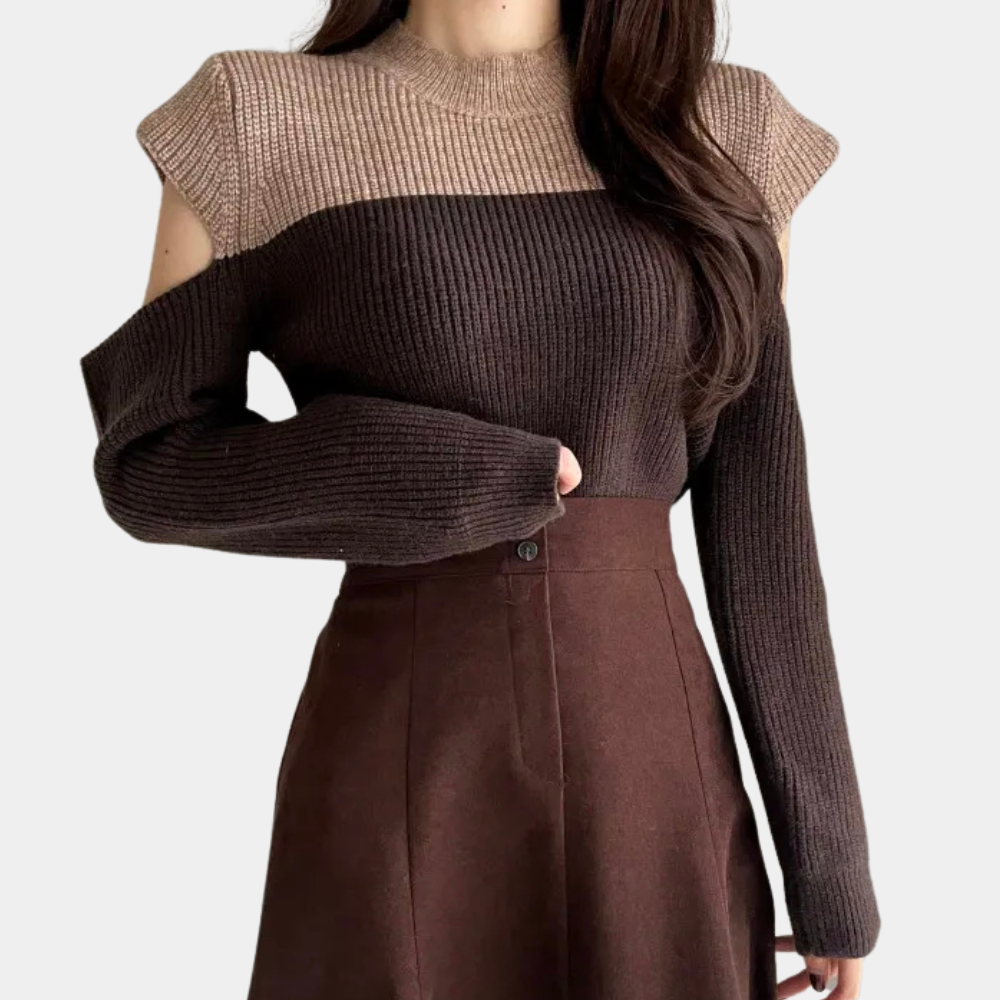 Mallory | Women’s Two-Tone Knitted Sweater with Stylish Cut-Out Sleeves & Round Neck