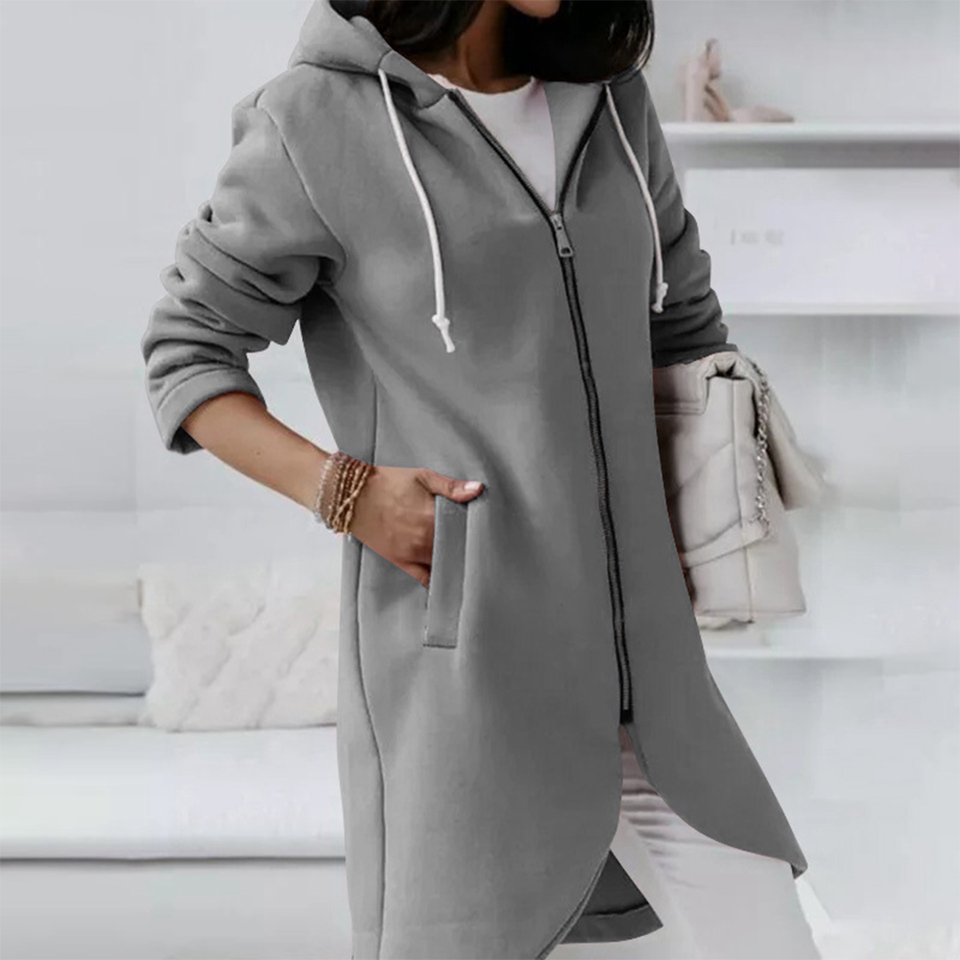 Betsy | Women's Solid Colour Long Hooded Zipped Jacket with Drawstring