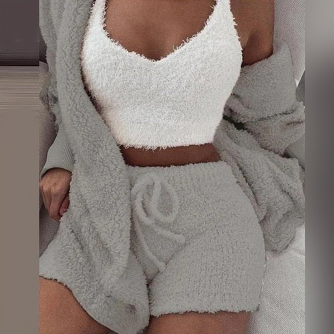 Arlene | Women's Solid Colour Teddy Lounge Set with Hoodie & Drawstring Shorts
