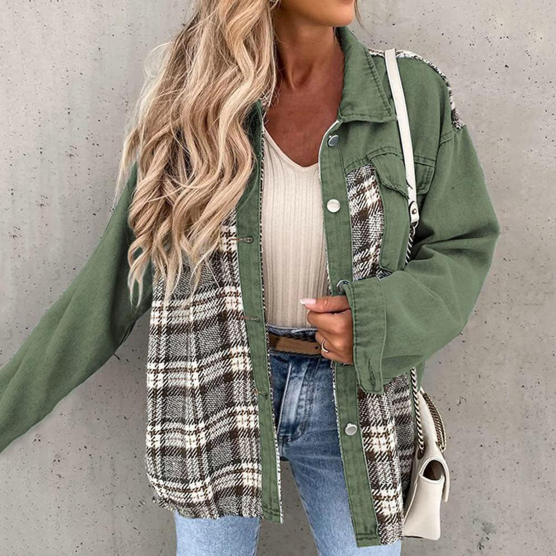 Bianca | Women's Plaid Buttoned Lapel Collar Denim Jacket