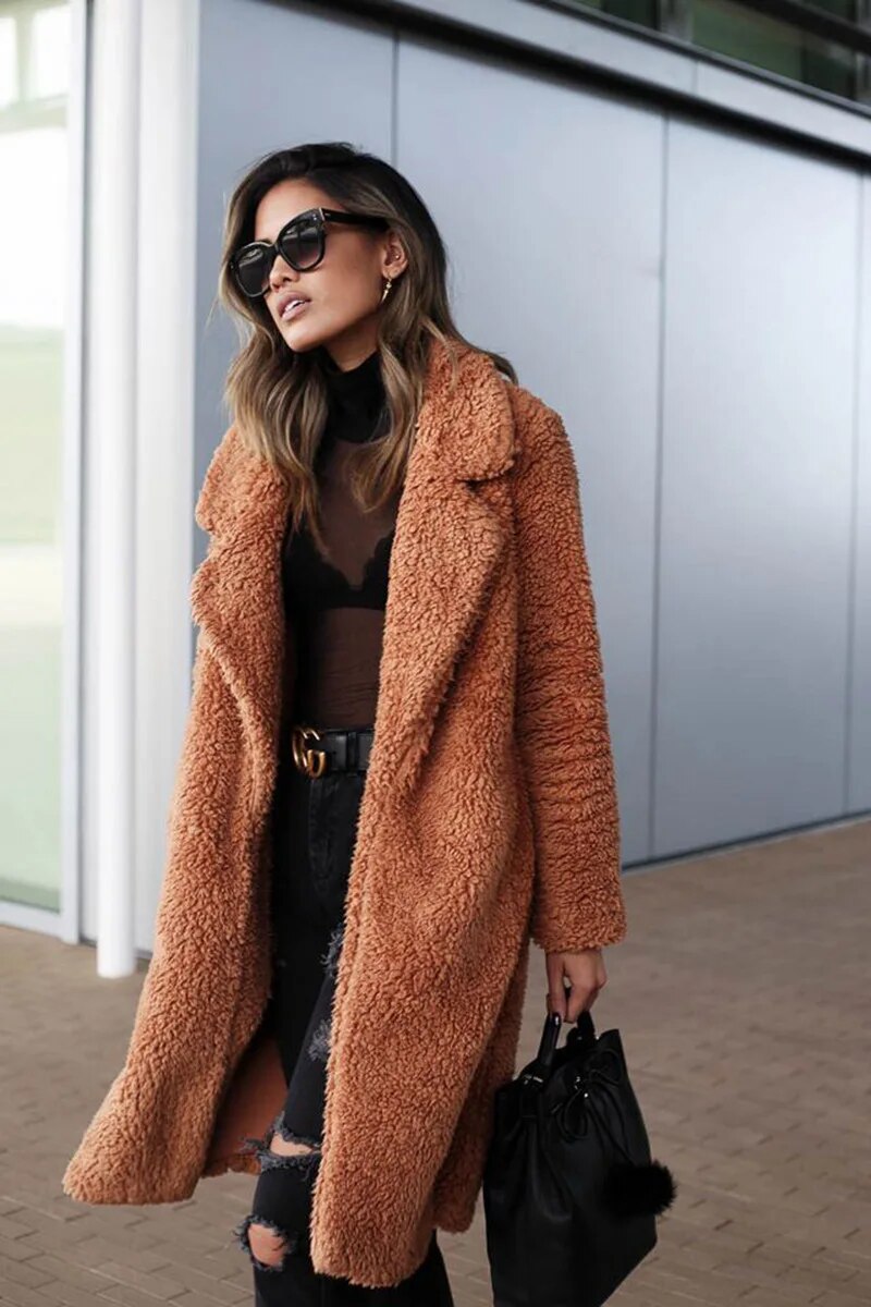 Mariam | Women’s Long Teddy Plush Winter Coat in Solid Colour