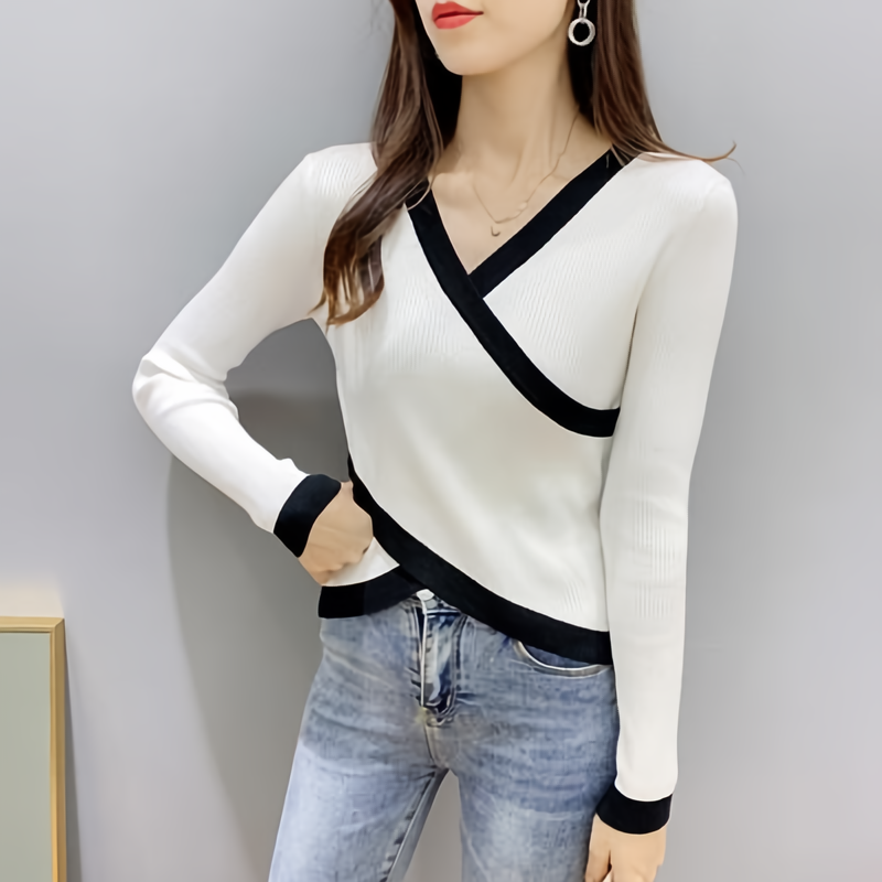 Jilora | Women's White V-Neck Long Sleeve Blouse with Black Trim – Elegant & Versatile