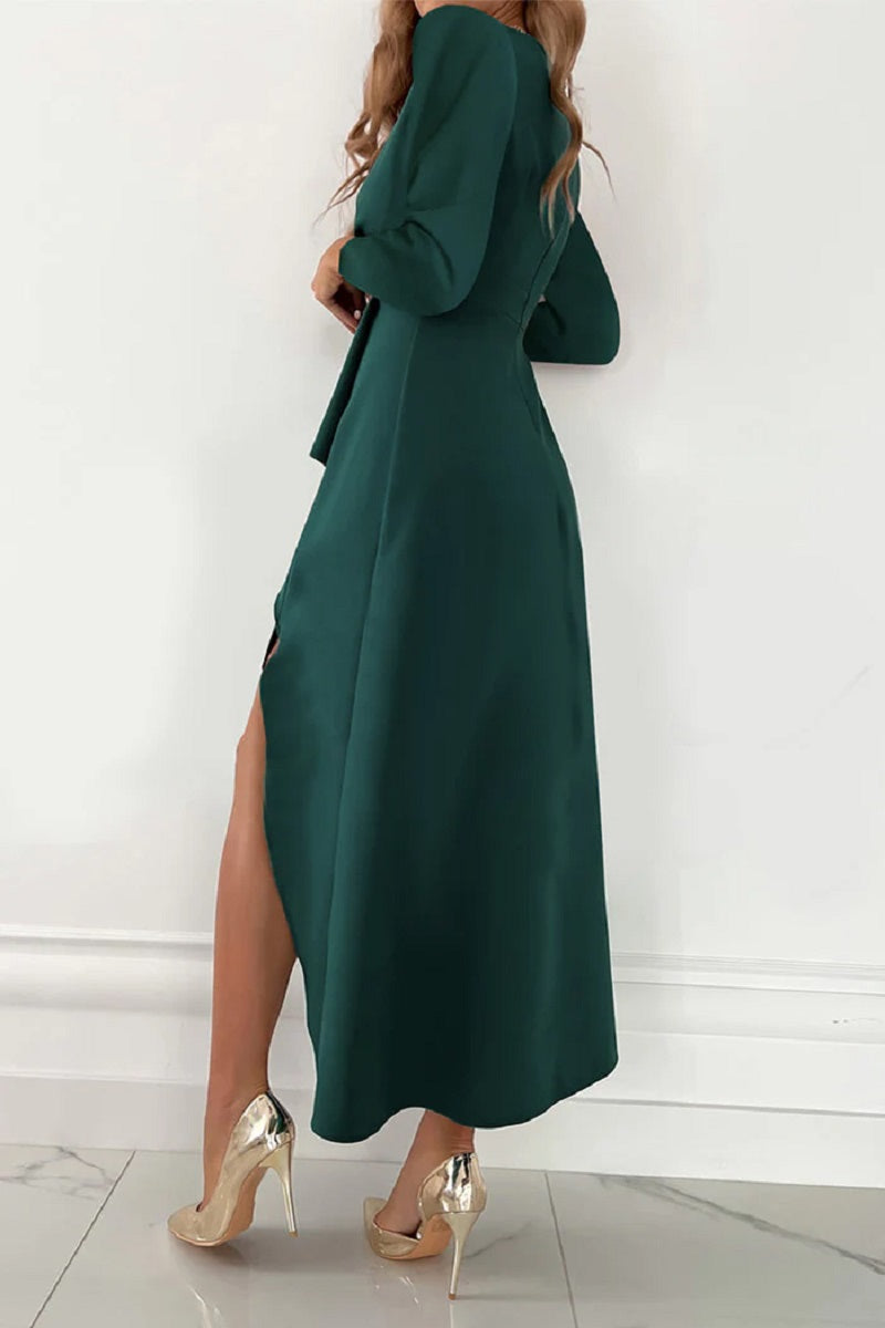 Bronwen | Elegant Deep V-Neck Wrap Style Maxi Dress with Long Sleeves & Gathered Hem
