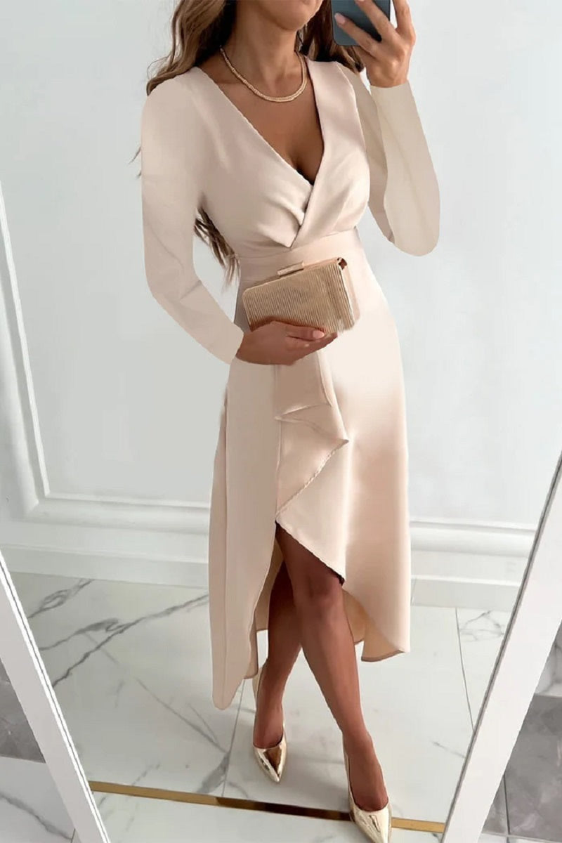 Bronwen | Elegant Deep V-Neck Wrap Style Maxi Dress with Long Sleeves & Gathered Hem