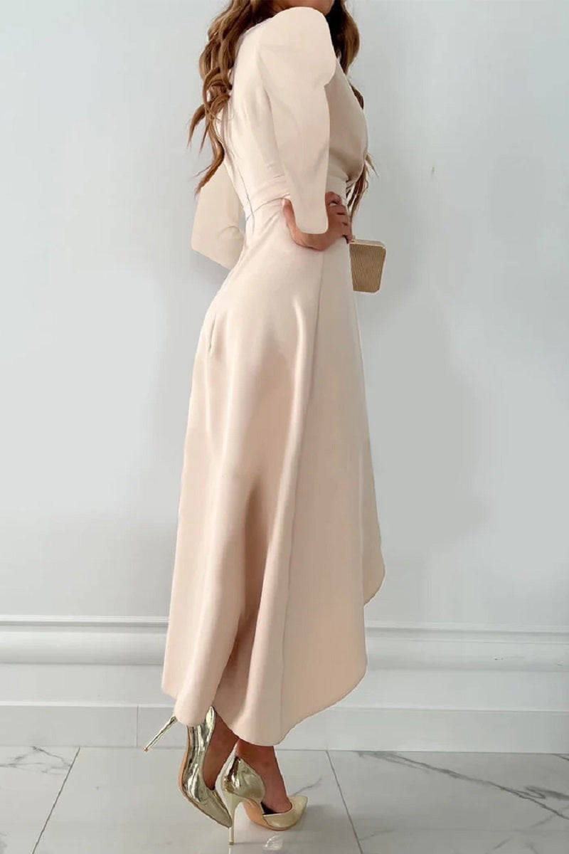 Bronwen | Elegant Deep V-Neck Wrap Style Maxi Dress with Long Sleeves & Gathered Hem