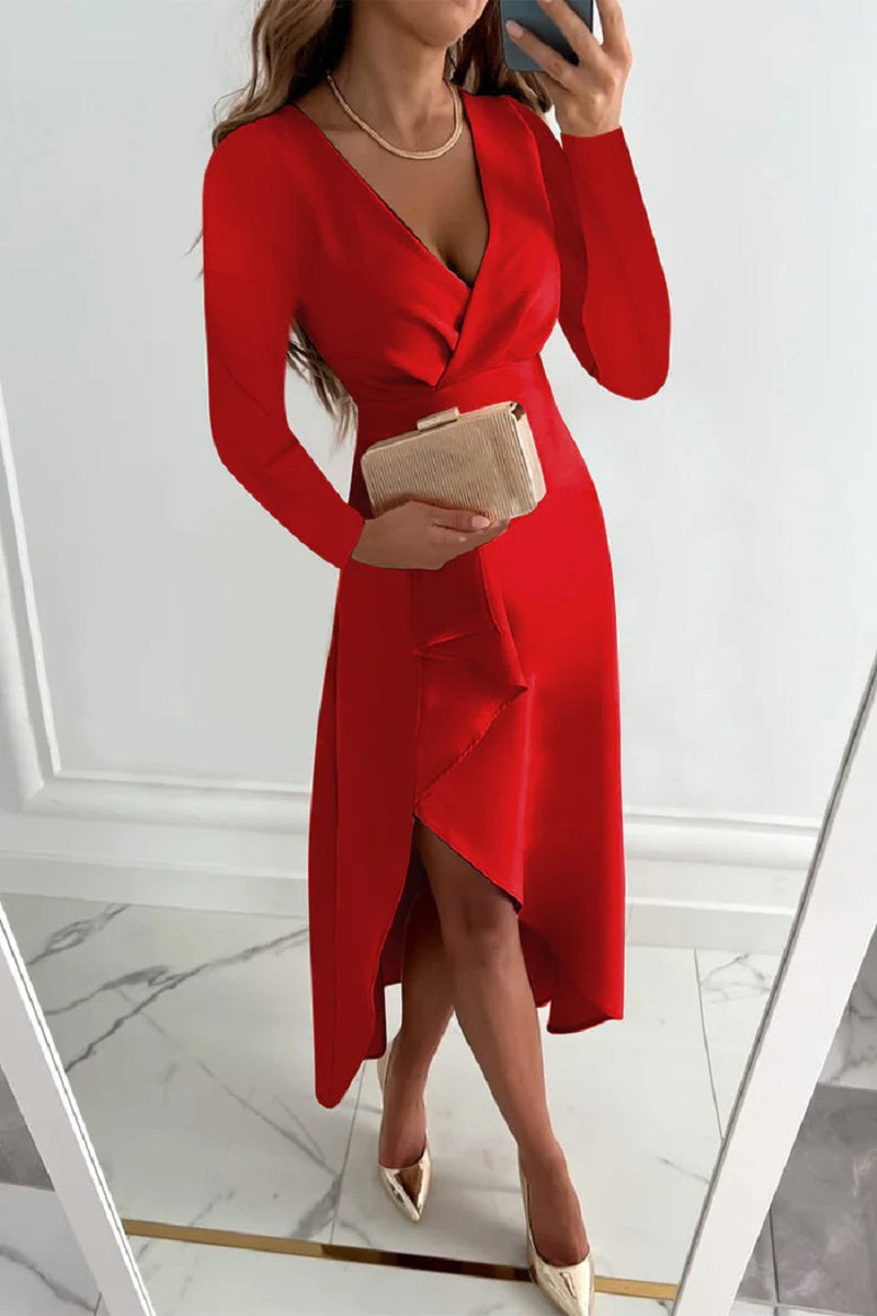 Bronwen | Elegant Deep V-Neck Wrap Style Maxi Dress with Long Sleeves & Gathered Hem