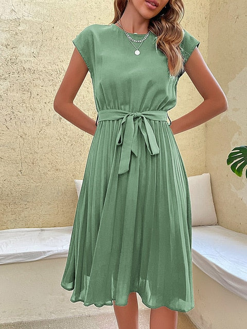 Soraya | Tie‑Waist Pleated Midi Dress – Round‑Neck Casual Elegance