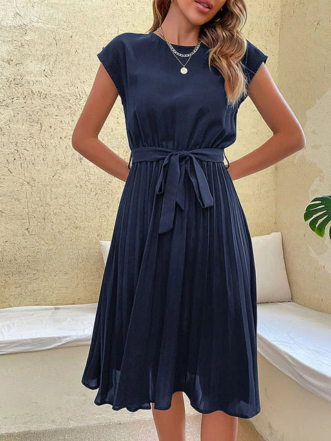 Soraya | Tie‑Waist Pleated Midi Dress – Round‑Neck Casual Elegance