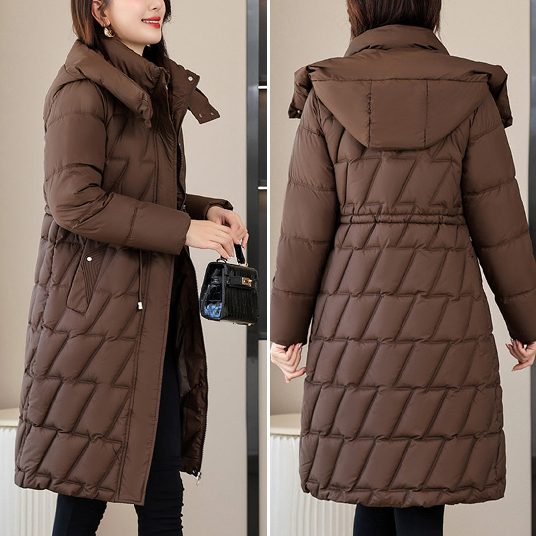 Cosima | Long Quilted Hooded Jacket with Zip and Drawstring Waist for Winter