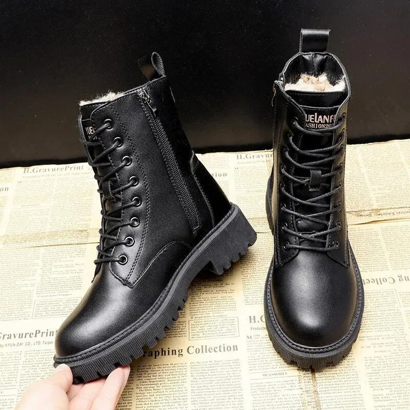 Madison | Women's Black Leather-Look Fleece-Lined Lace-Up Ankle Boots
