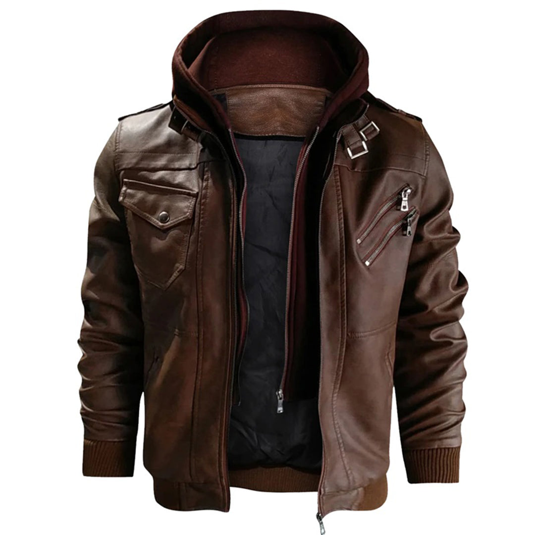 Barclay | Men’s Fitted Leather-Look Jacket with Detachable Hood & Zip Pockets