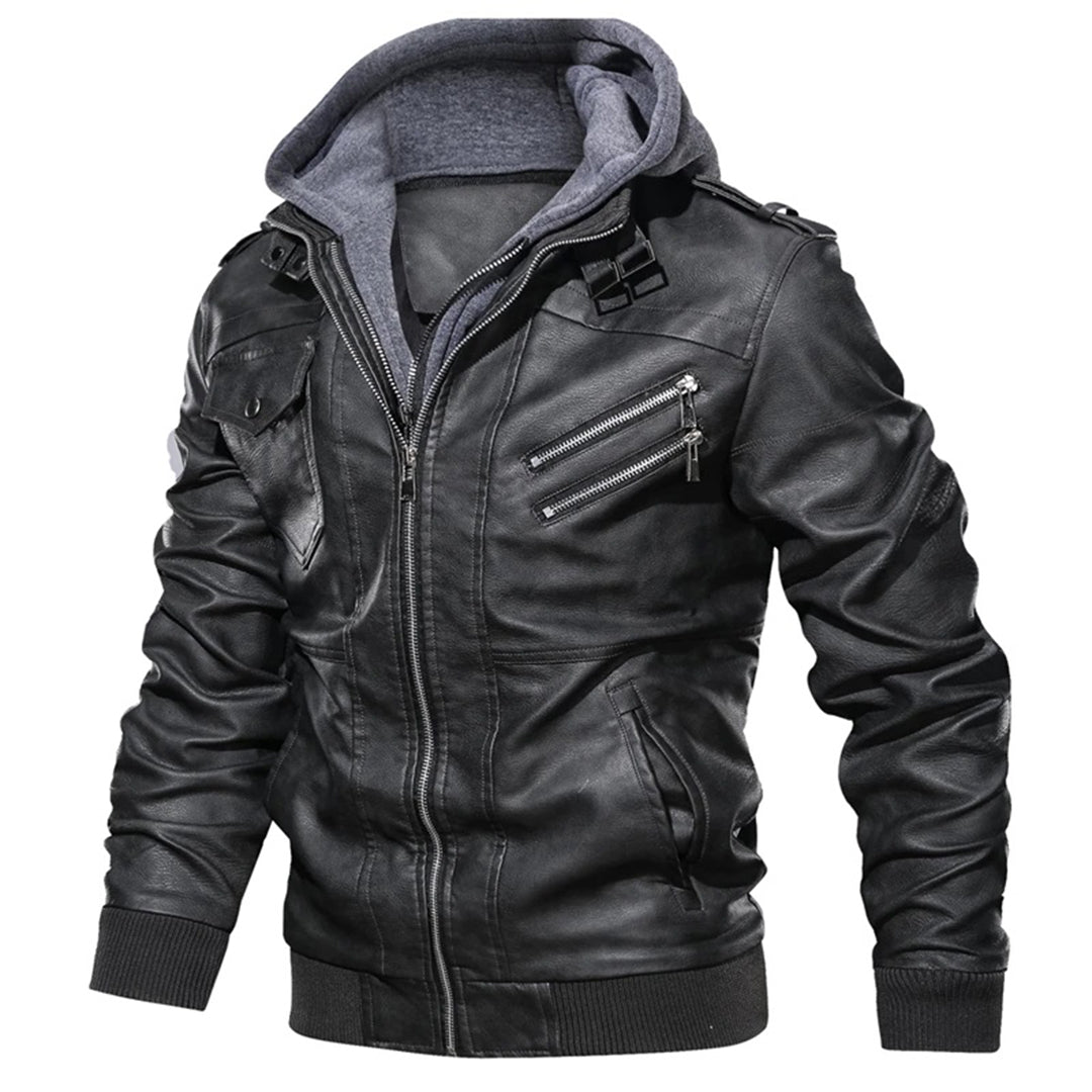 Barclay | Men’s Fitted Leather-Look Jacket with Detachable Hood & Zip Pockets