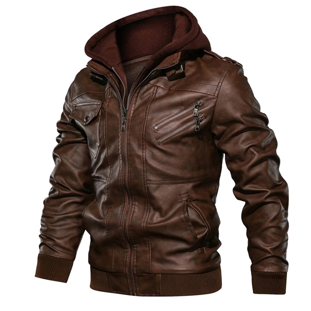 Barclay | Men’s Fitted Leather-Look Jacket with Detachable Hood & Zip Pockets