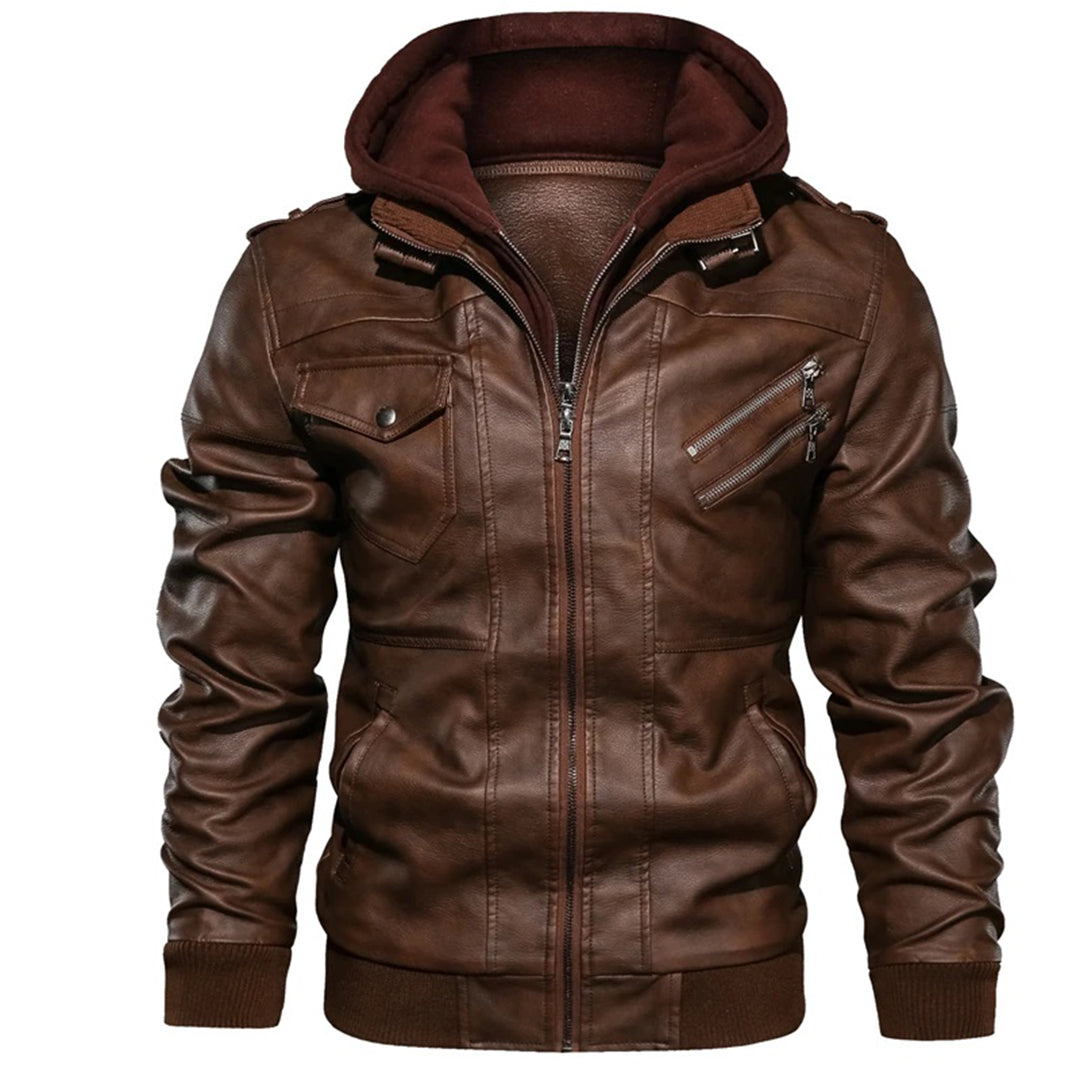 Barclay | Men’s Fitted Leather-Look Jacket with Detachable Hood & Zip Pockets