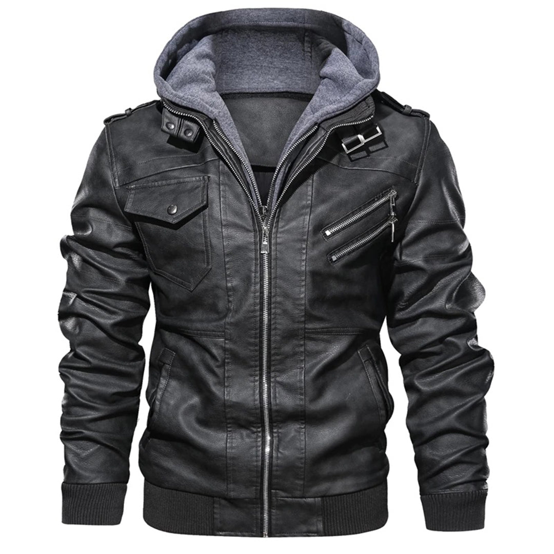 Barclay | Men’s Fitted Leather-Look Jacket with Detachable Hood & Zip Pockets