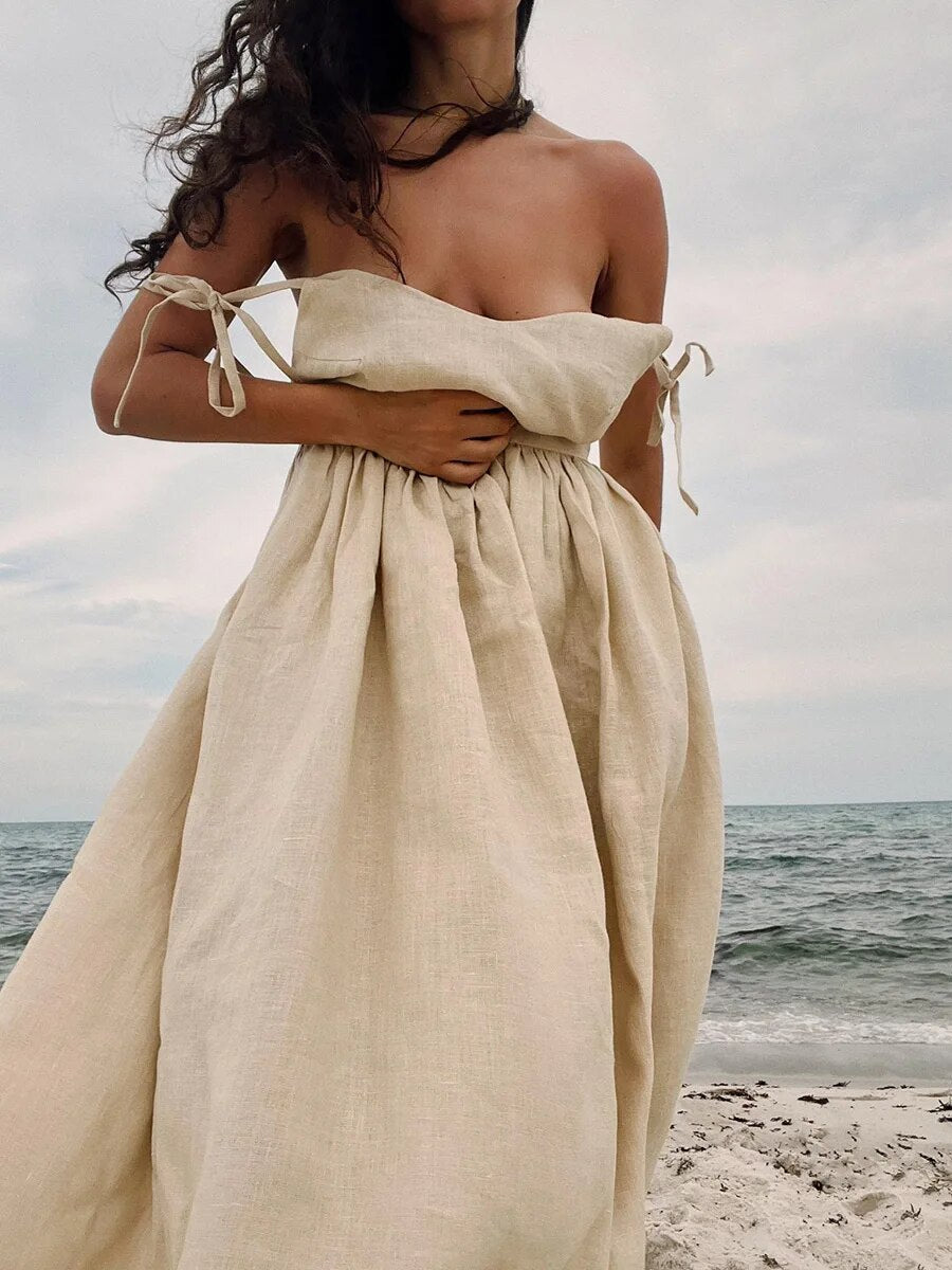 Marigold | Women’s Backless Linen Summer Maxi Dress with Tie Shoulder Straps