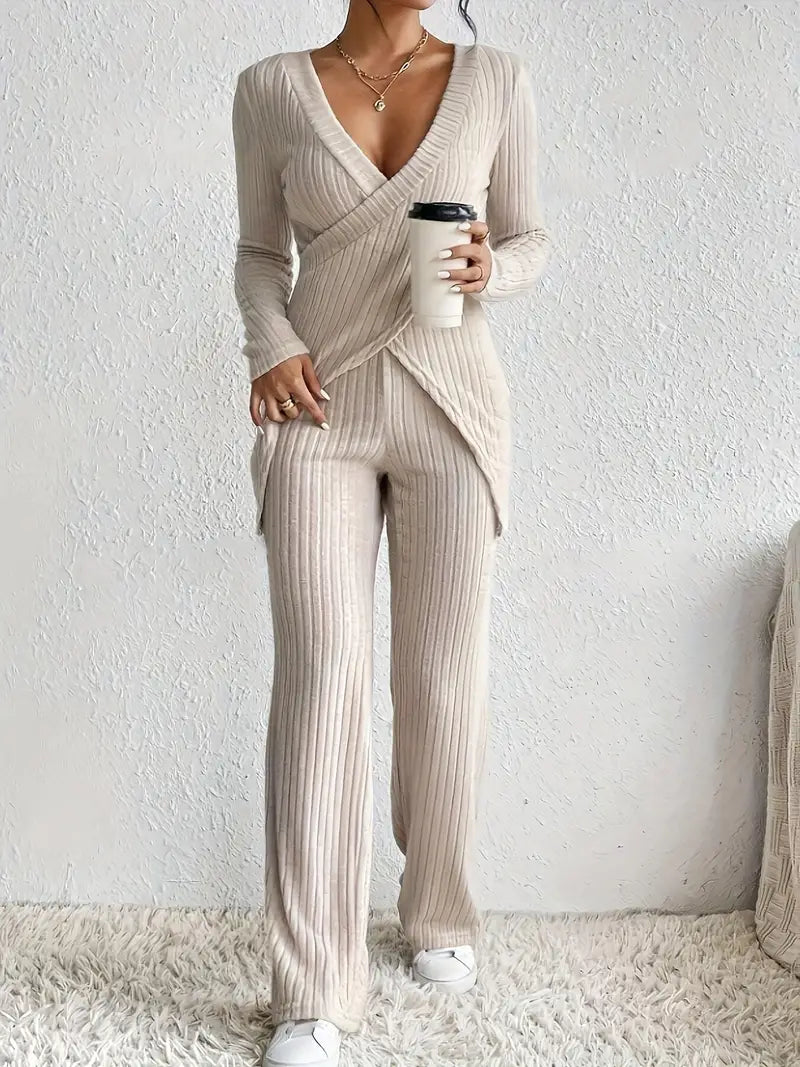 Augusta | Khaki Knit Set with Asymmetric V-Neck Top and High-Waisted Slim Fit Trousers