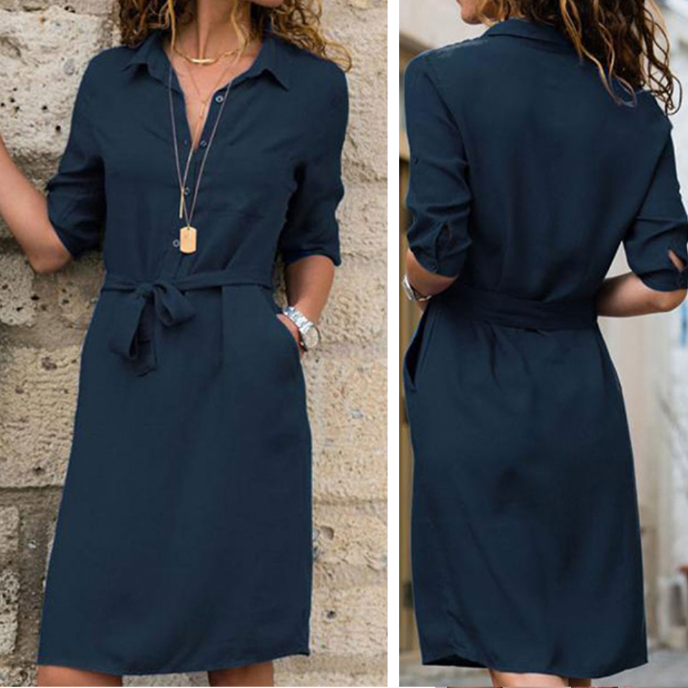 Domenica | Elegant Belted Shirt Dress with Lapel Collar & Side Pockets