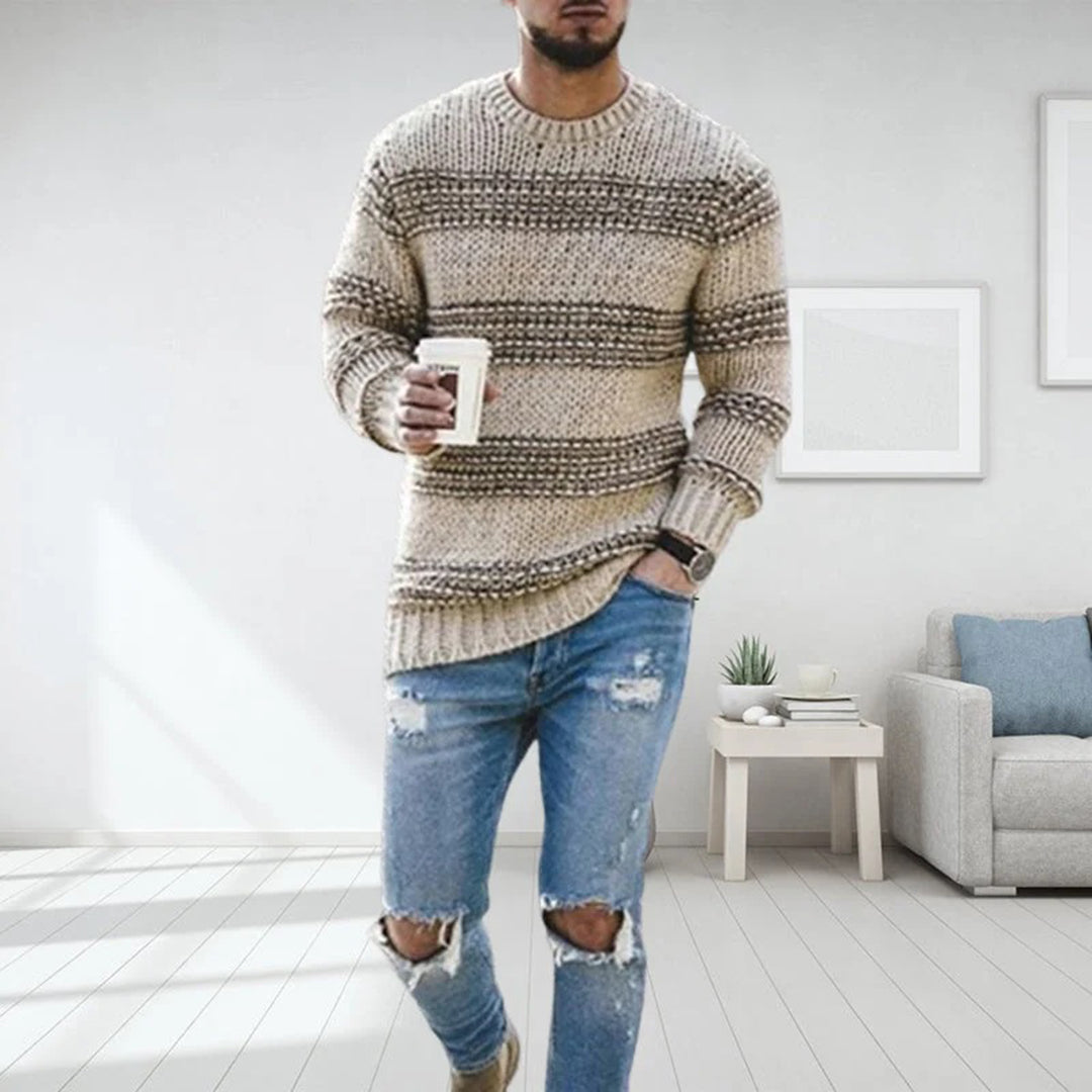Philippe | Men’s Chunky Knit Striped Sweater, Round Neck Warm Winter Jumper