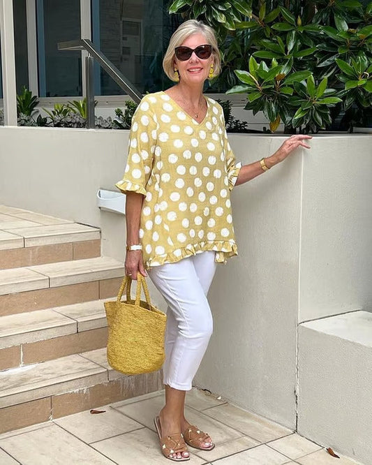 Linley | Women’s V‑Neck Summer Blouse – Half Sleeves with Elegant Ruffle Details