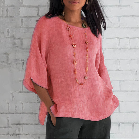 Amarinda | Loose Fit Linen Summer Blouse with Round Neck