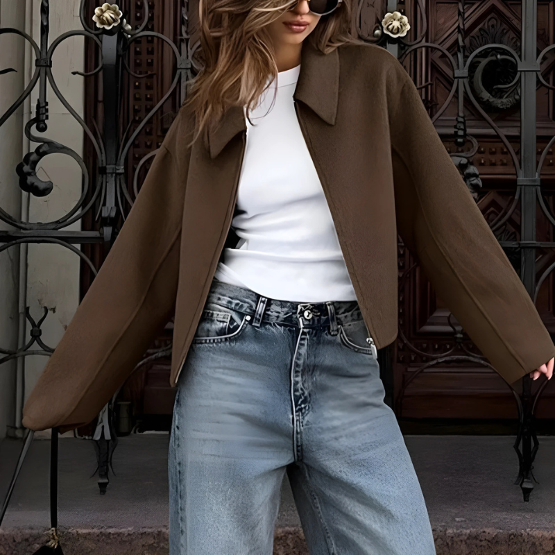 Elodie | Women’s Boxy Wool Blend Short Coat with Front Zip