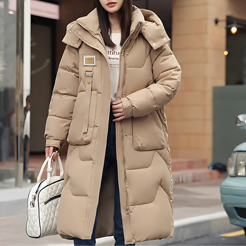 Faye | Women’s Long Padded Winter Trench Coat with Hood & High Collar