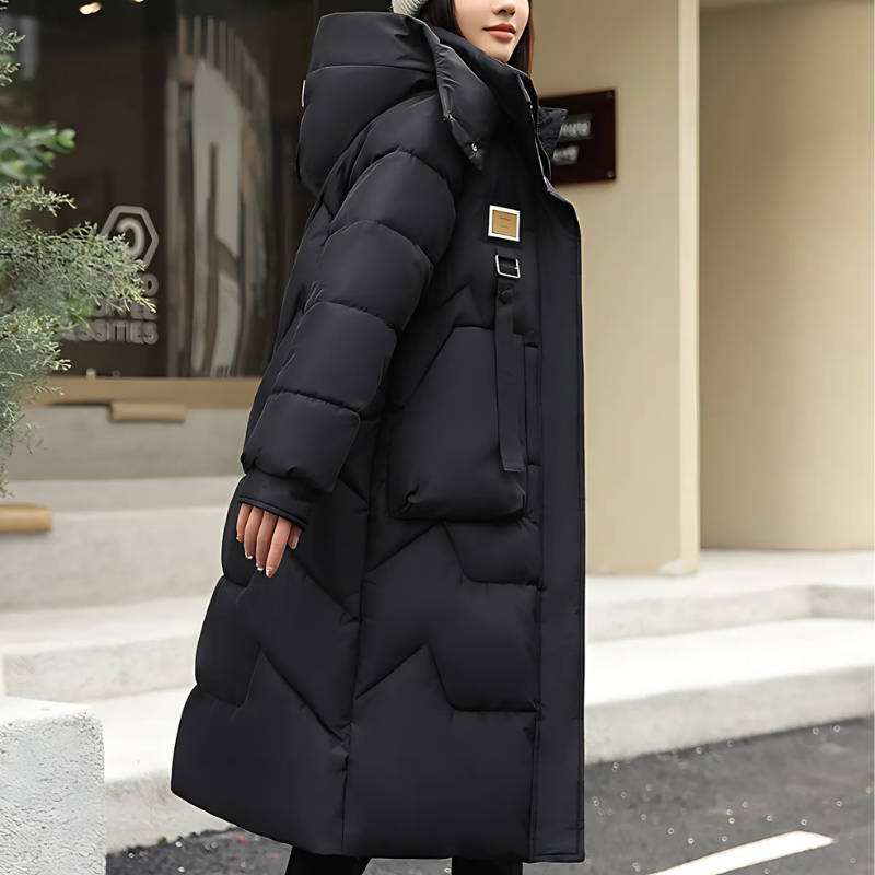 Faye | Women’s Long Padded Winter Trench Coat with Hood & High Collar