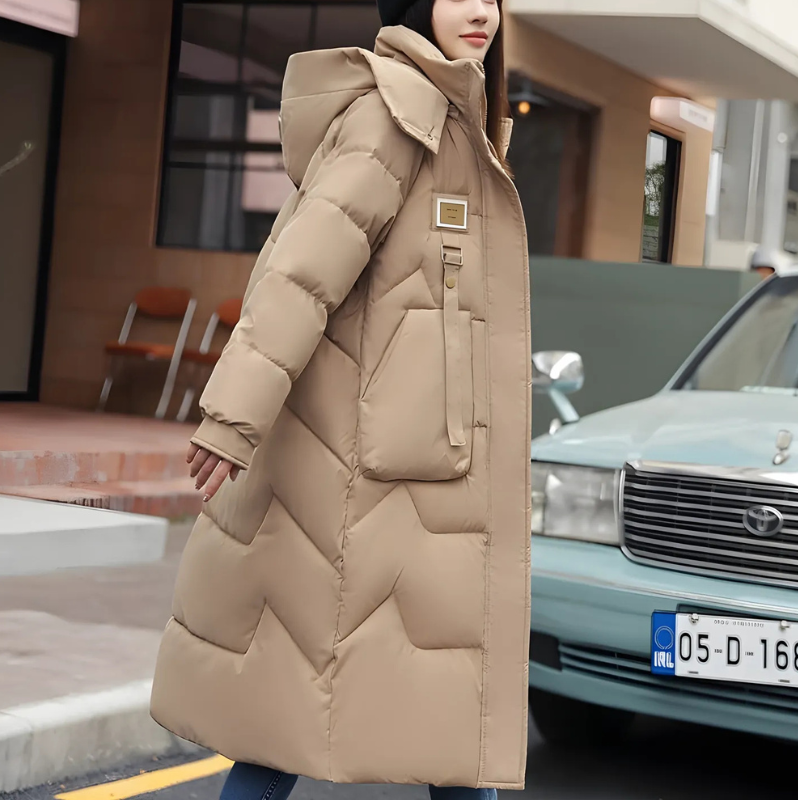 Faye | Women’s Long Padded Winter Trench Coat with Hood & High Collar