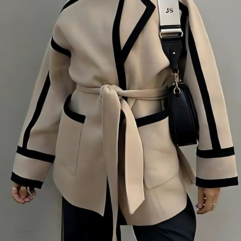 Faith | Women’s Khaki Blazer Coat, Relaxed Fit, Wrap Style with Tie Belt, Lapel Collar & Contrast Piping