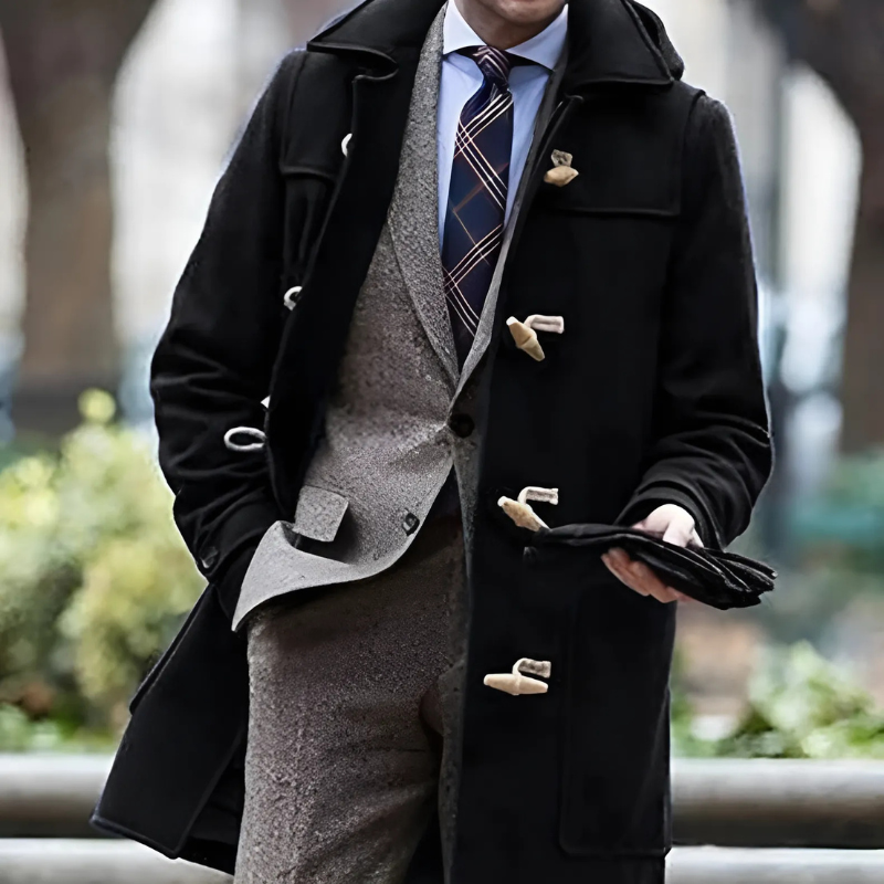 Marius | Men’s Mid-Length Wool-Blend Trench Coat with Hood and Toggle Closure