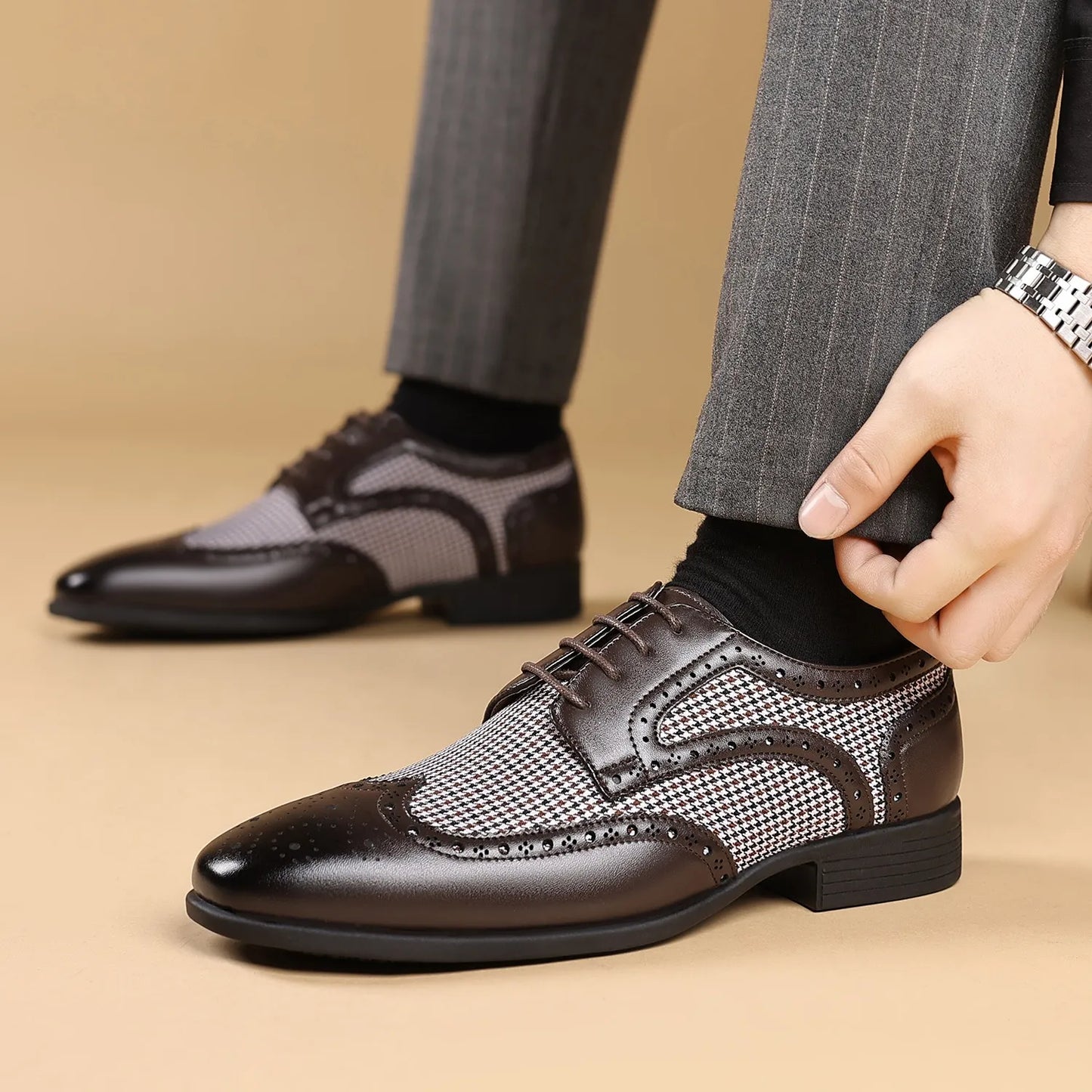 Bryan | Men’s Houndstooth Oxford Shoes | Classic Brogue Dress Style for Formal & Smart Wear