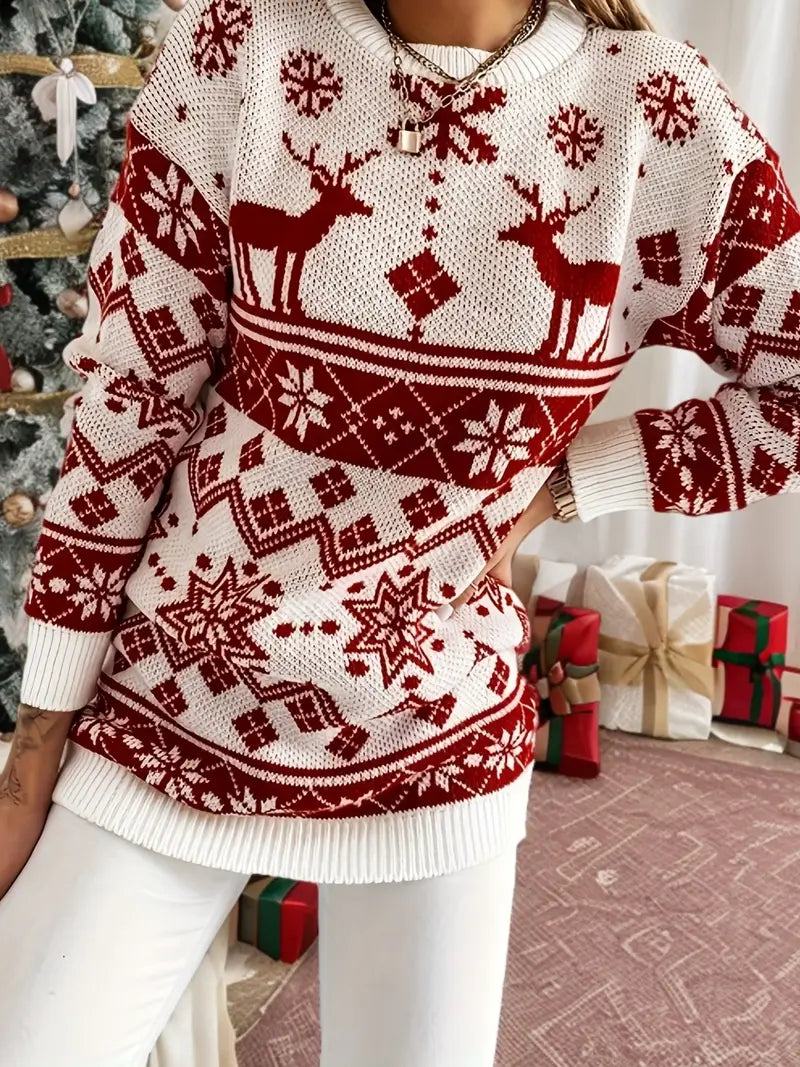 Jovelle | Women's Christmas Pattern Round Neck Sweater – Cosy Long Sleeve Knit for Winter Festivities