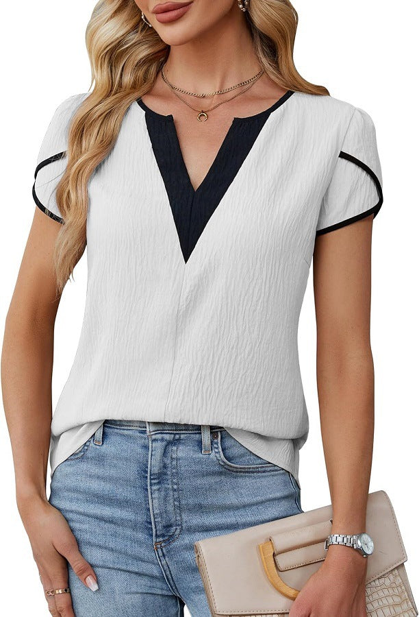 Telyn | Women’s Two-Tone Petal Sleeve V-Neck Summer Blouse – Lightweight & Elegant Casual Top
