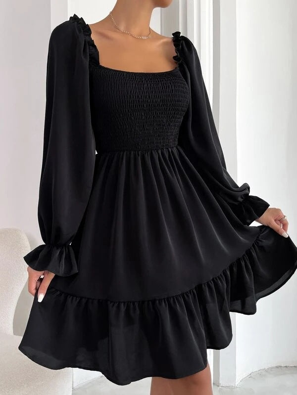 Sibylla | Women’s Solid Colour Square Neck Pleated Mini Dress with Bishop Sleeves & Ruffled Hem