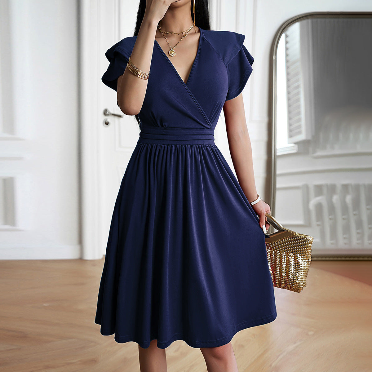 Jorinda | Women’s V-Neck Pleated Midi Dress with Cinched Waist & Short Sleeves