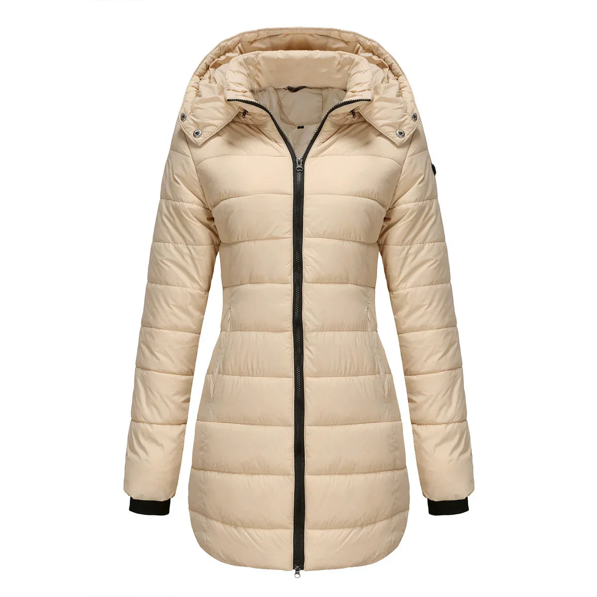 Danica | Women's Padded Puffer Jacket – Mid-Length with Detachable Hood & Ribbed Cuffs