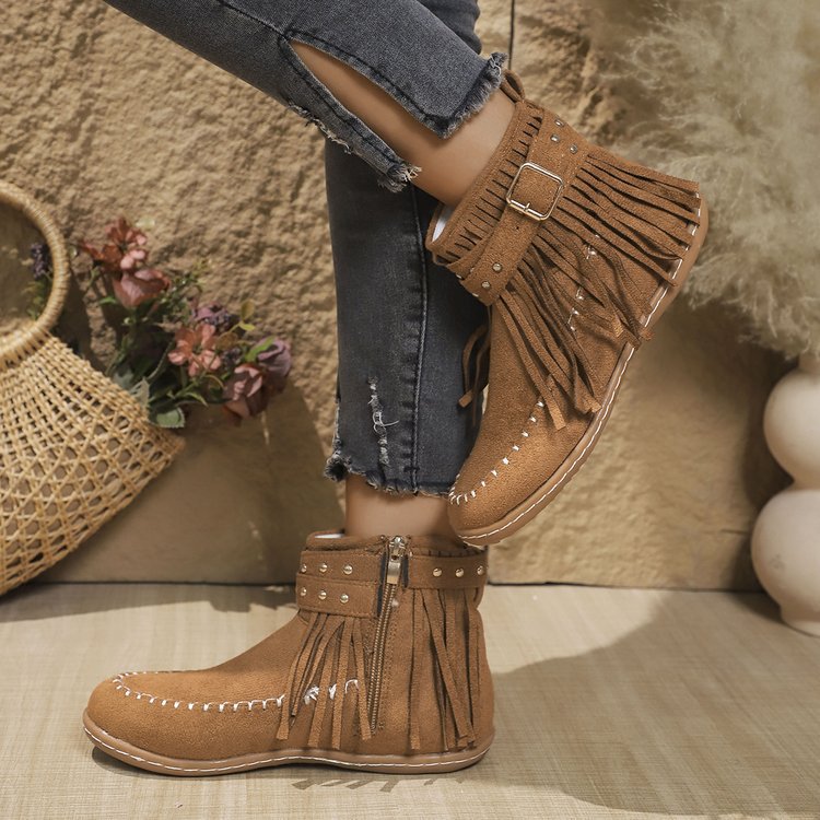 Gwenrose | Women’s Suede Fringe Ankle Boots – Metal Stud Detail – Flat Sole – Side Zip – Boho Style