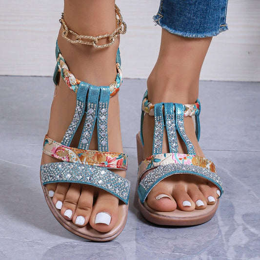 Vervaine | Women’s Rhinestone Wedge Sandals – T-Strap & Braided Ankle – Medium Heel – Elastic Slingback