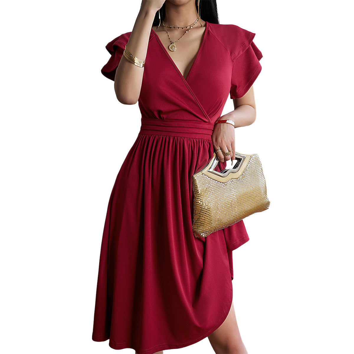 Jorinda | Women’s V-Neck Pleated Midi Dress with Cinched Waist & Short Sleeves