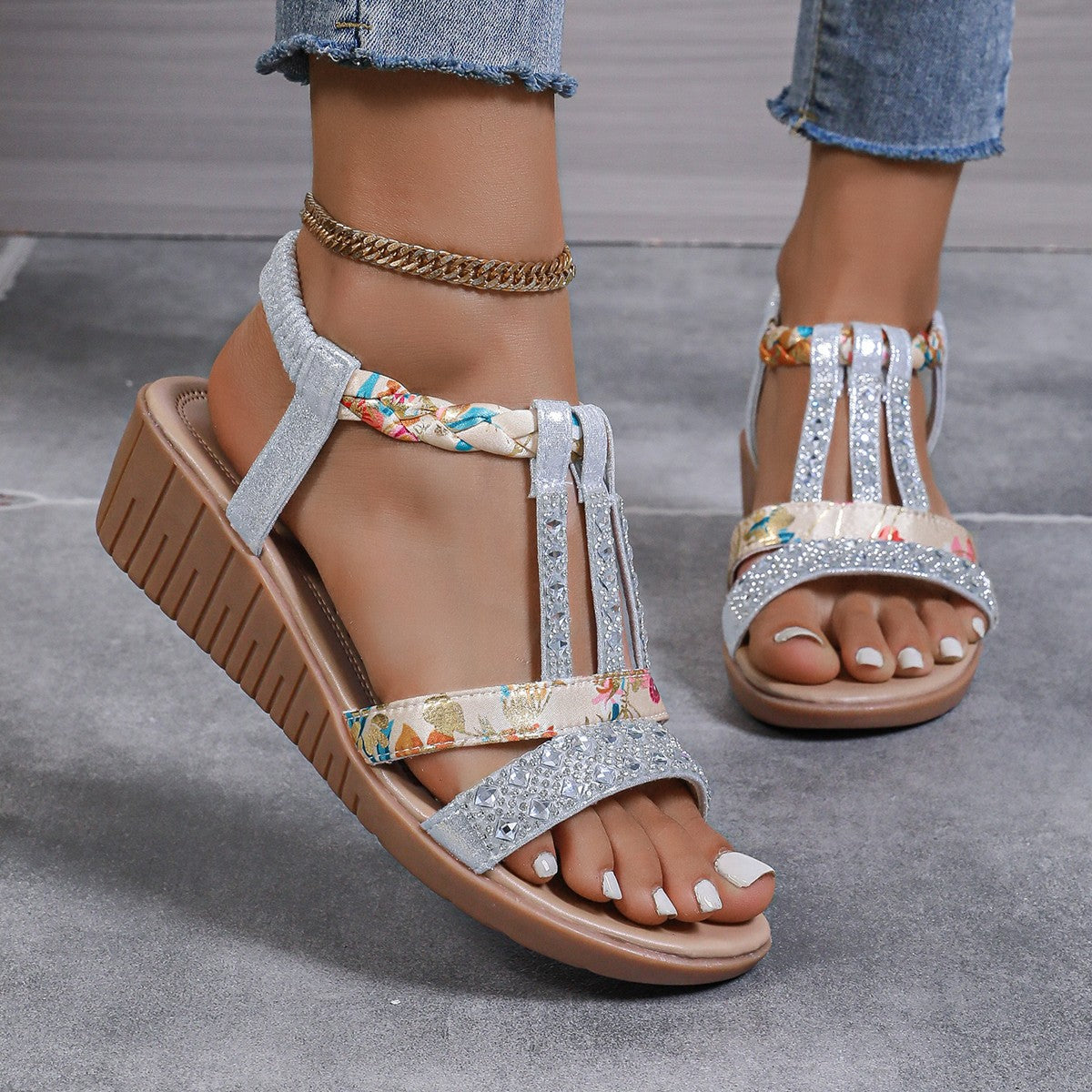 Vervaine | Women’s Rhinestone Wedge Sandals – T-Strap & Braided Ankle – Medium Heel – Elastic Slingback