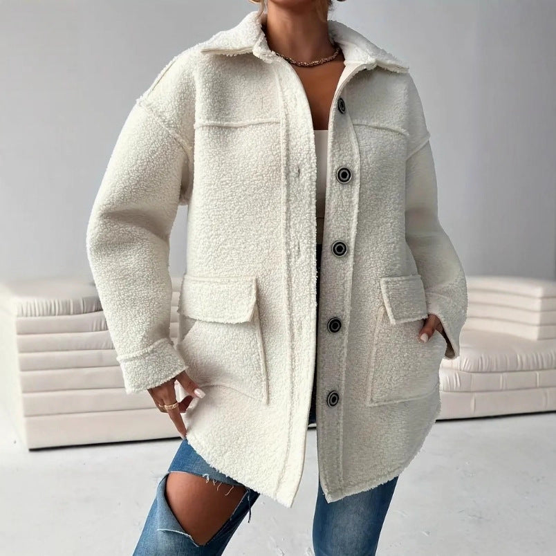 Emma | Women’s Oversized White Teddy Fleece Coat with Front Buttons and Patch Pockets