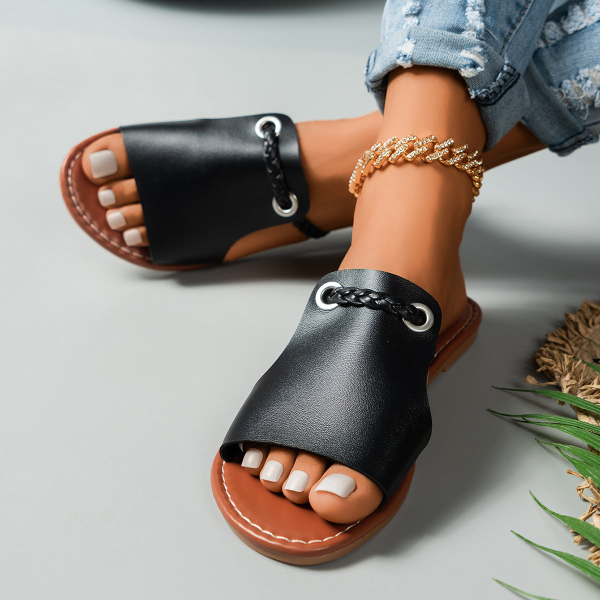 Leocadie | Women’s Flat Slip-On Sandals – Braided Straps – Cushioned Footbed – Open Toe Comfort