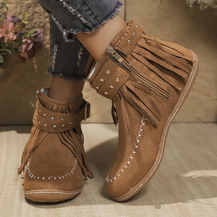 Gwenrose | Women’s Suede Fringe Ankle Boots – Metal Stud Detail – Flat Sole – Side Zip – Boho Style