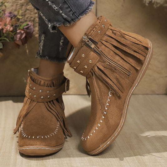 Gwenrose | Women’s Suede Fringe Ankle Boots – Metal Stud Detail – Flat Sole – Side Zip – Boho Style
