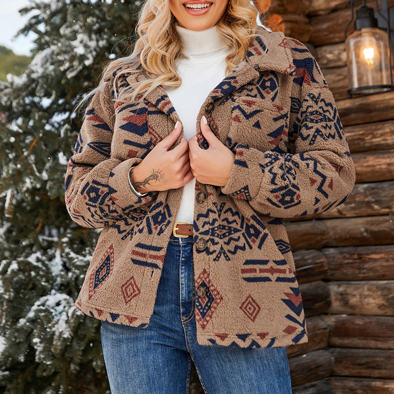 Emmeline | Women’s Oversized Buttoned Teddy Jacket with Geometric Pattern and Lapel Collar